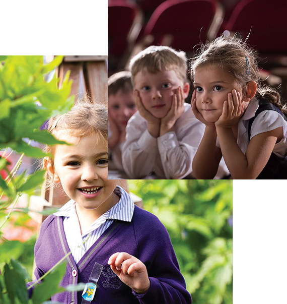 Collage of primary school children: a smiling child in a purple cardigan uniform amid greenery and two attentive children in white shirts watching a presentation.