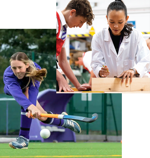 Collage showing students engaged in different school activities: a student playing field hockey in a purple uniform and two students working together on a woodworking project in a workshop.
