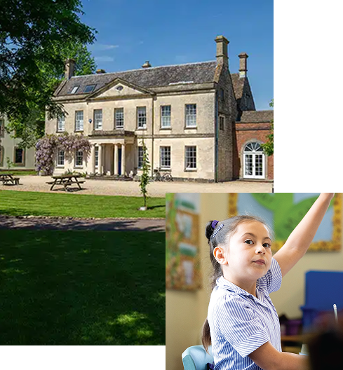 Collage showing a traditional stone school building with columns and grounds, alongside a young student in a blue and white uniform raising her hand in class.
