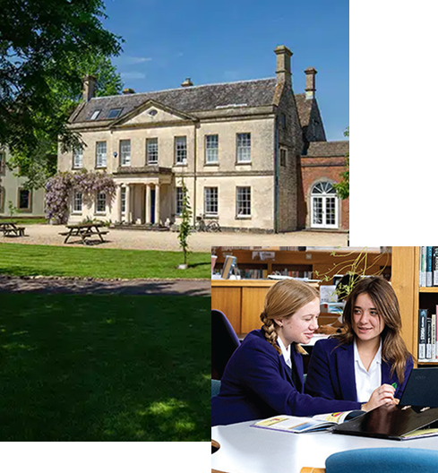 Collage featuring a traditional stone school building with columns and lawn, alongside two students in blue uniforms collaborating on schoolwork in a library.