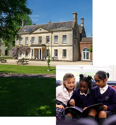 School building and children reading