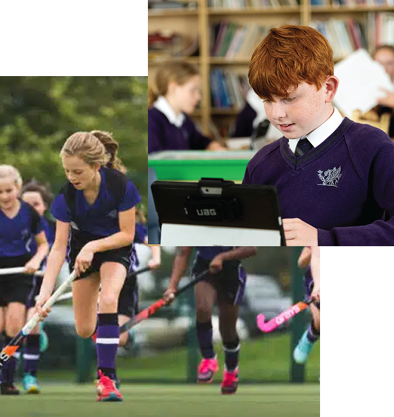 Collage of school life showing students playing field hockey in purple uniforms and a student using a tablet device in a classroom with bookshelves in the background.